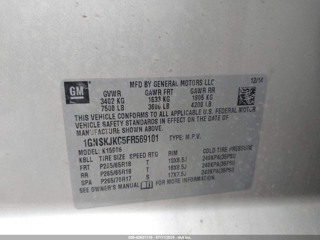 1GNSKJKC5FR569101 Chevrolet l83 - vvt, active fuel management, aluminum