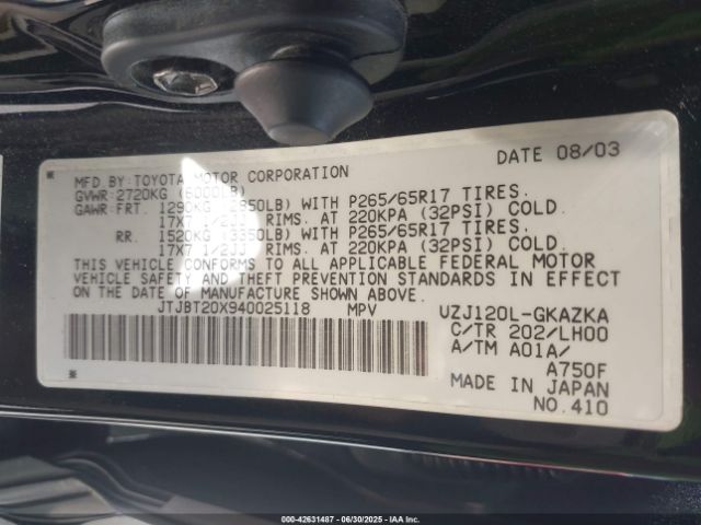 2004 LEXUS GX 470 JTJBT20X940025118 Photo 8