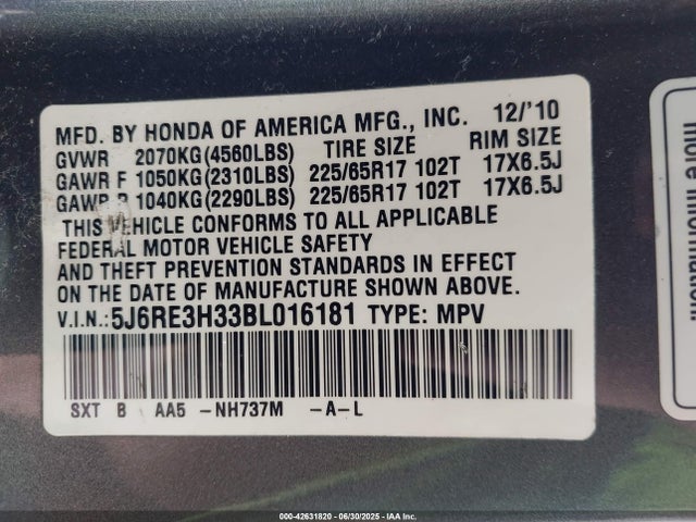 2011 Honda Cr-v Lx მანქანა იყიდება აუქციონზე, vin: 5J6RE3H33BL016181, აუქციონის ნომერი: 42631820