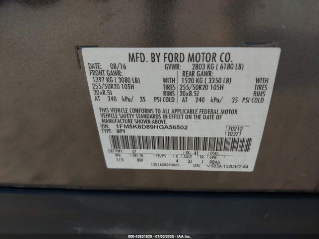 2017 FORD EXPLORER 1FM5K8D89HGA56502 Photo 8