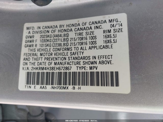 Продаж на аукціоні авто 2014 Honda Cr-v Lx, vin: 2HKRM4H38EH672867, номер лоту: 42631925