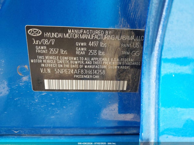 5NPE24AF8JH614258 Hyundai gdi theta-ii