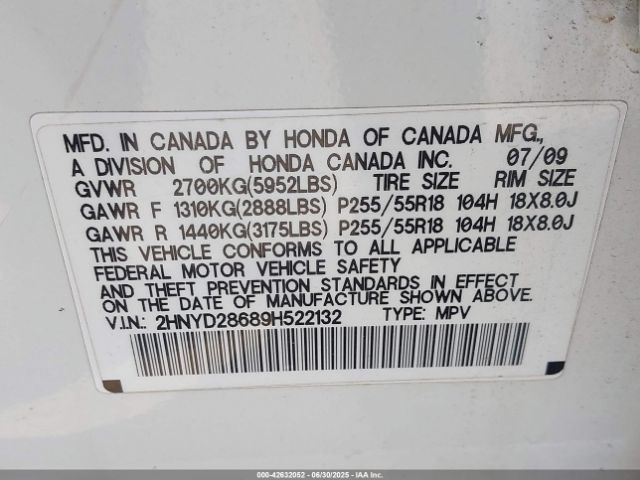 2009 ACURA MDX 2HNYD28689H522132 Photo 8