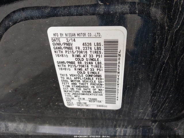 JN8AS5MV6EW703144 Nissan Rogue Select