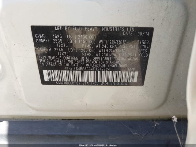 Subaru 2.5l u5 2015 4S4BSACC4F3212224 Image 9