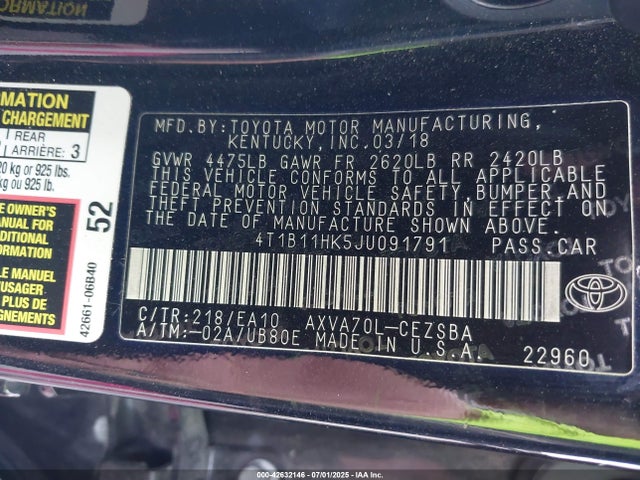 4T1B11HK5JU091791 Toyota a25a-fks