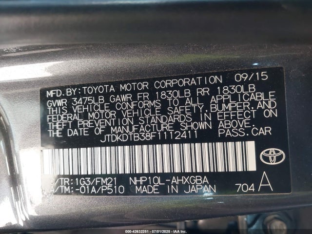JTDKDTB38F1112411 Toyota 1nz-fxe+1lm