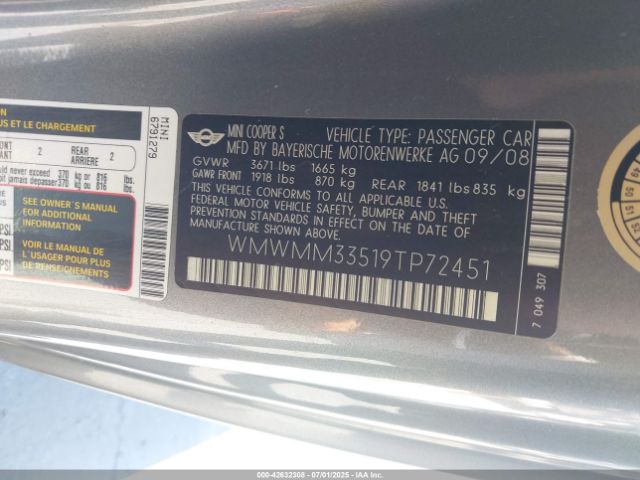 2009 MINI COOPER S CLUBMAN WMWMM33519TP72451 Photo 8