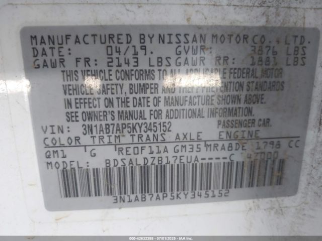 3N1AB7AP5KY345152 Nissan 2019