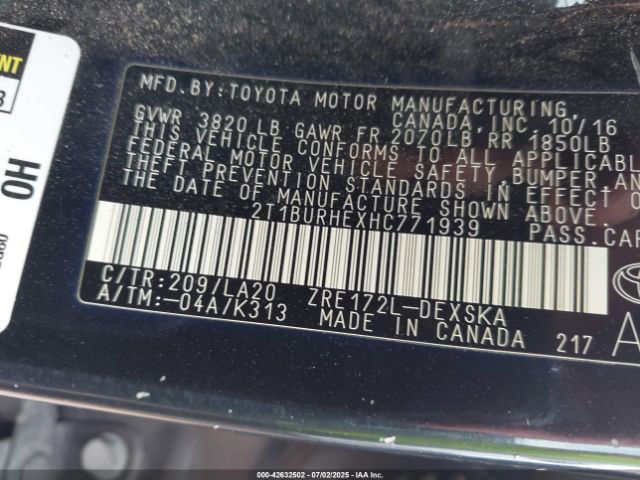 2T1BURHEXHC771939 Toyota 2zr-fe