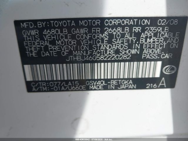 2008 LEXUS ES 350 JTHBJ46G582220282 Photo 8