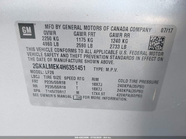 2GKALMEK4H6351451 GMC lea - sidi: spark ignited direct injection, e85 max, alum