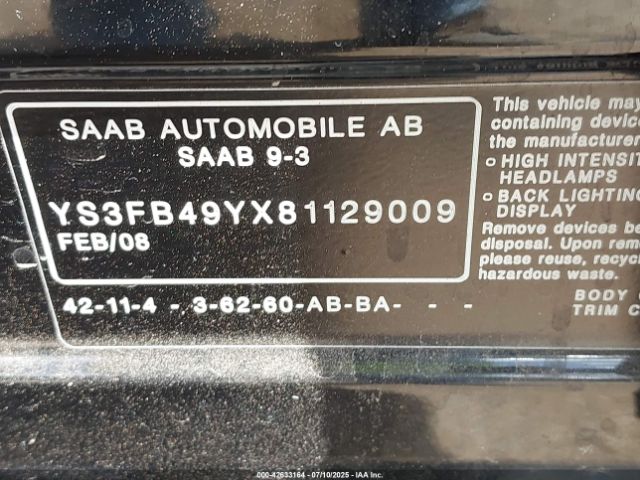 2008 SAAB 9-3 YS3FB49YX81129009 Photo 8
