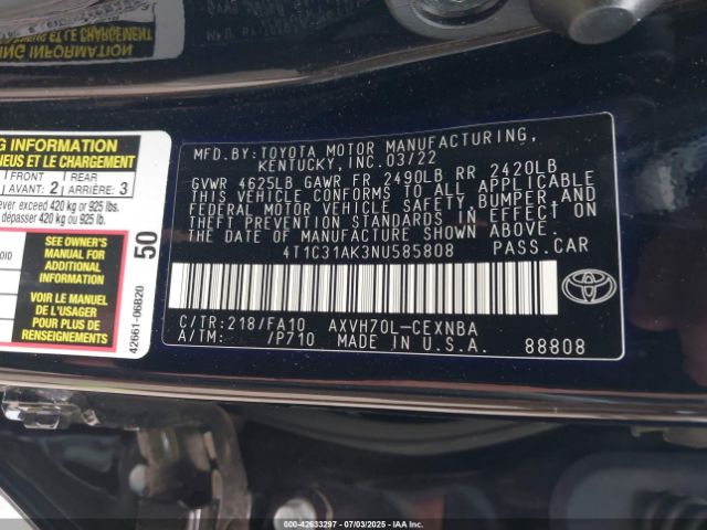 2022 TOYOTA CAMRY 4T1C31AK3NU585808 Photo 8