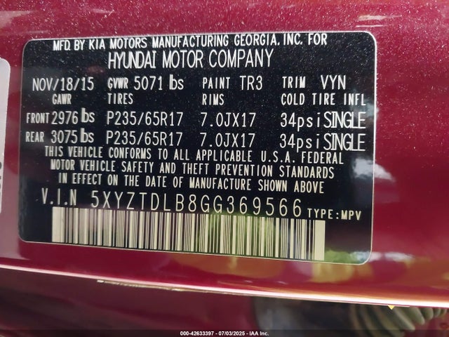 5XYZTDLB8GG369566 Hyundai gdi theta ii