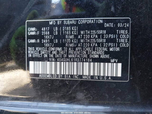 4S4GUHL61R3774184 Subaru na