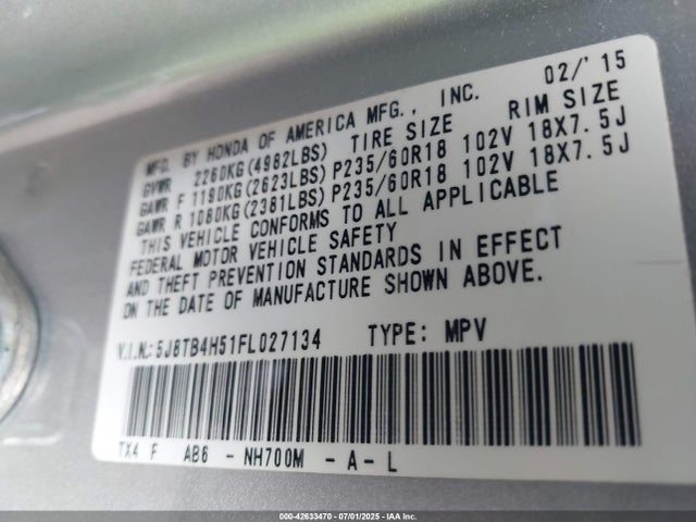 Acura j35z2 2015 5J8TB4H51FL027134 Image 9