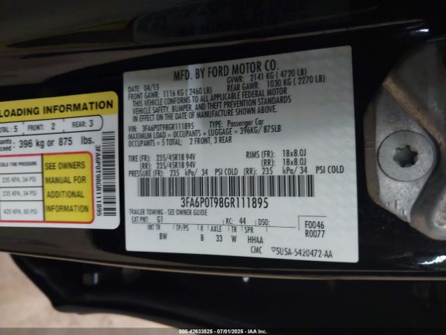 2016 FORD FUSION 3FA6P0T98GR111895 Photo 8