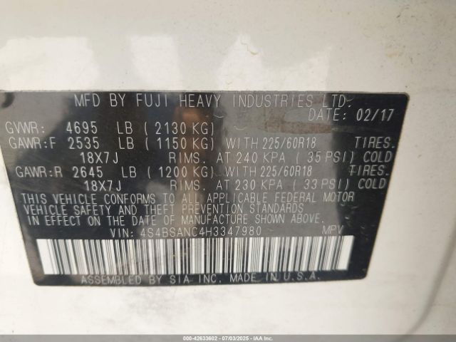 2017 SUBARU OUTBACK 4S4BSANC4H3347980 Photo 8