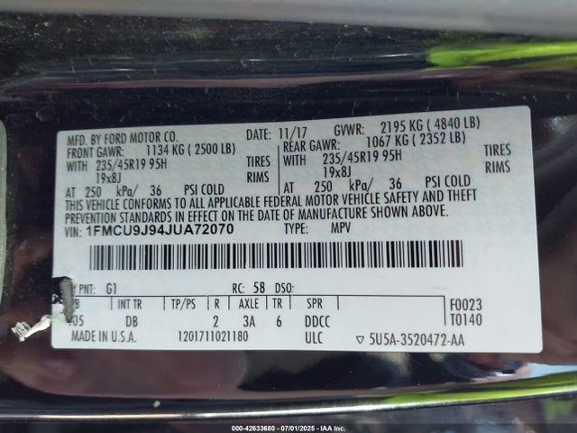 1FMCU9J94JUA72070 Ford 2018
