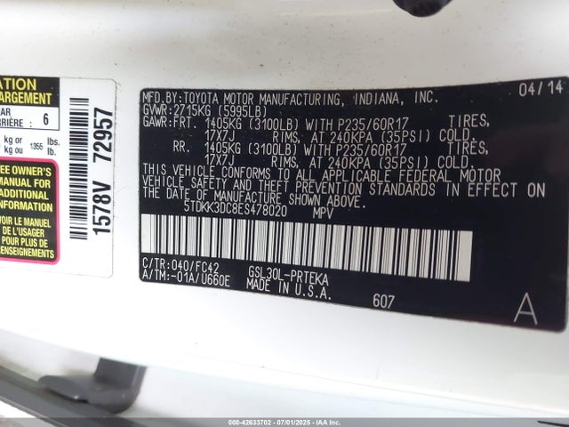 5TDKK3DC8ES478020 Toyota 2gr-fks