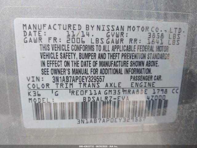 3N1AB7AP0EY329557 Nissan 2014