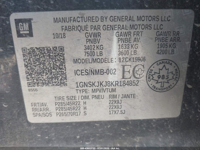 1GNSKJKJ8KR184852 Chevrolet l86 - sidi vvt, afm, e85 max, alum