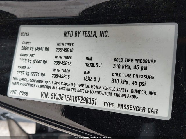 2019 TESLA MODEL 3 5YJ3E1EA1KF296351 Photo 8