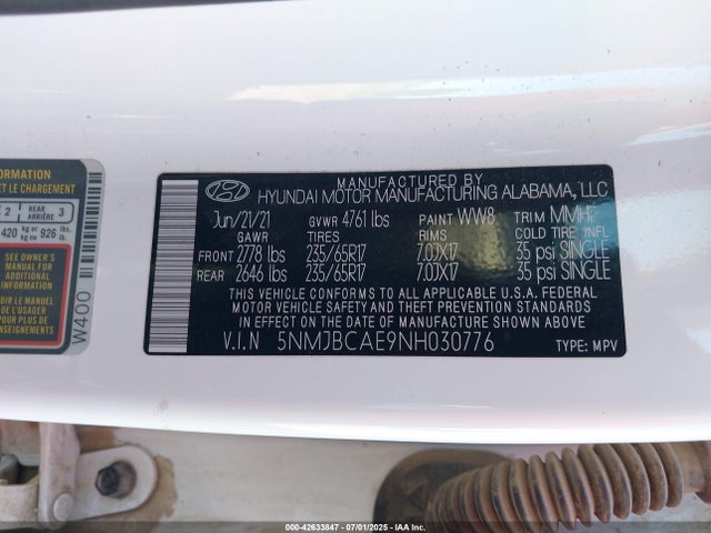5NMJBCAE9NH030776 Hyundai gdi theta iii