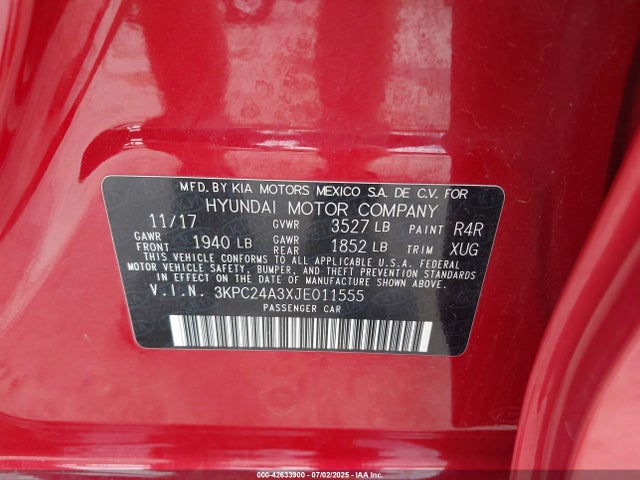 3KPC24A3XJE011555 Hyundai 2018
