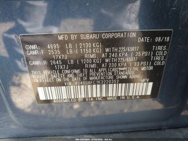 2019 SUBARU OUTBACK 4S4BSAFC1K3220352 Photo 8