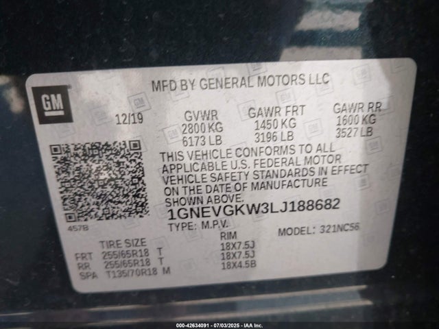 1GNEVGKW3LJ188682 Chevrolet lfy - spark ignited direct injection, atss, gen 1
