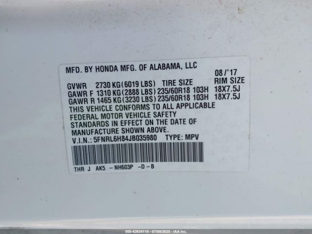 2018 HONDA ODYSSEY 5FNRL6H84JB035980 Photo 8
