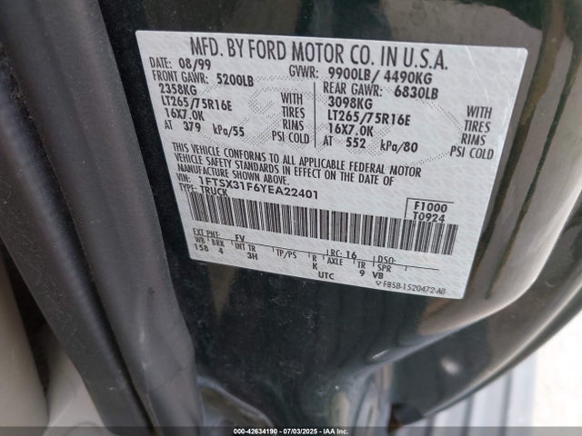 42634190 :رقم المزاد ، 1FTSX31F6YEA22401 vin ، 2000 Ford F-350 Lariat/xl/xlt مزاد بيع