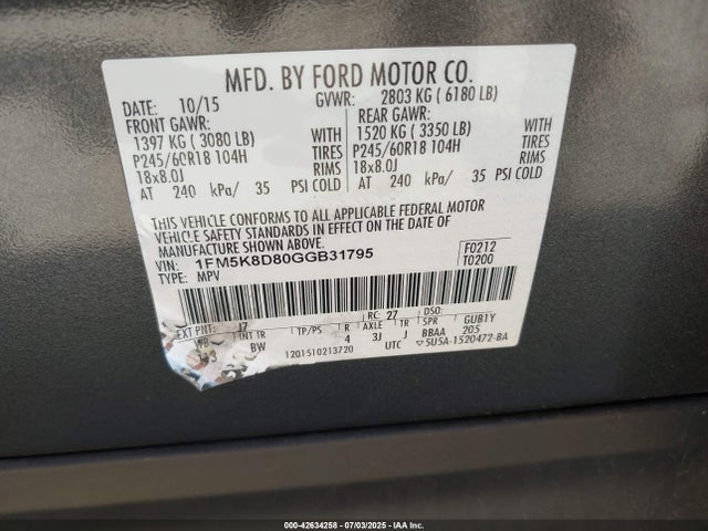 Ford Explorer 2016 1FM5K8D80GGB31795 Image 9