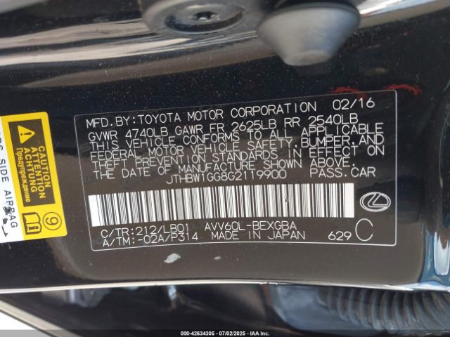 2016 LEXUS ES 300H JTHBW1GG8G2119900 Photo 8