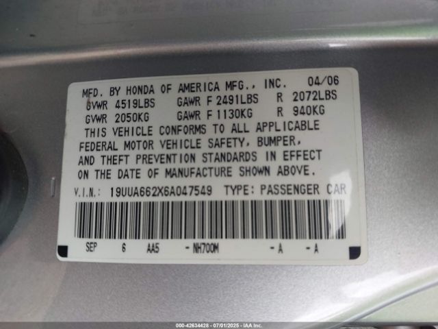 2006 ACURA TL 19UUA662X6A047549 Photo 8