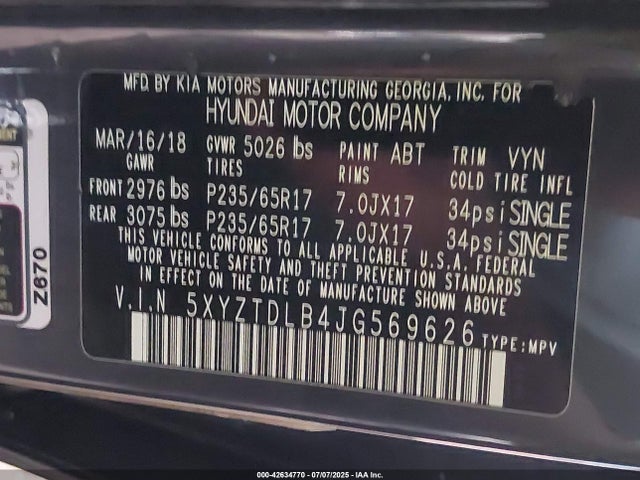 5XYZTDLB4JG569626 Hyundai gdi theta ii