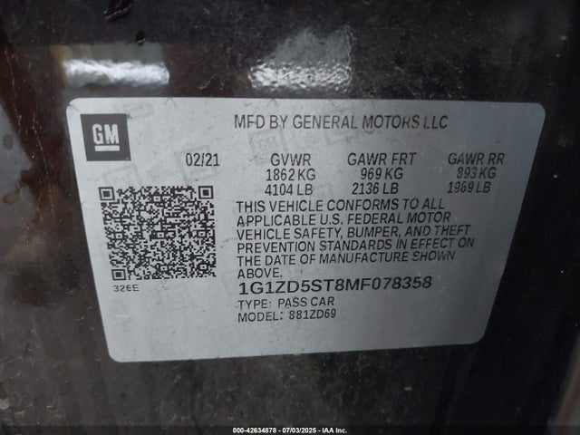 Chevrolet lfv - direct injection, variable valve timing, gen 1 gmna 2021 1G1ZD5ST8MF078358 Image 9