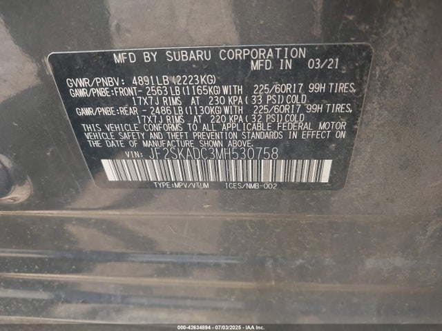 Aukcja sprzedaży 2021 Subaru Forester, vin: JF2SKADC3MH530758, numer aukcji: 42634894