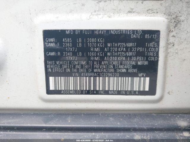 2012 SUBARU OUTBACK 4S4BRBAC1C3296230 Photo 8
