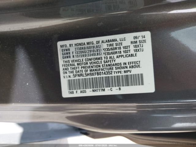 2015 HONDA ODYSSEY 5FNRL5H9XFB014352 Photo 8