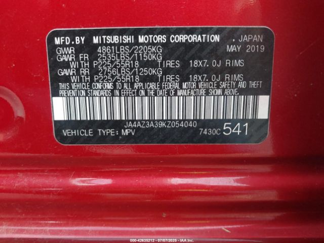 2019 MITSUBISHI OUTLANDER JA4AZ3A39KZ054040 Photo 8