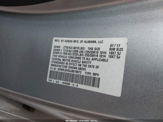 Honda j35y7 2018 5FNRL6H93JB019973 Image 9