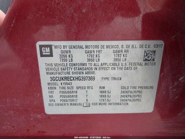 3GCUKRECXHG397369 Chevrolet l83 - sidi: spark ignited direct injection, vvt: variable valve timing, afm, e85 max, alum