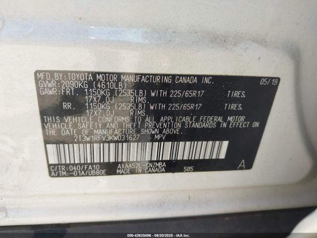 2019 TOYOTA RAV4 2T3W1RFV3KW031627 Photo 8