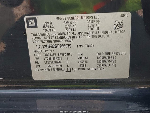 42635520 :رقم المزاد ، 1GT12UE82GF266079 vin ، 2016 Gmc Sierra 2500hd Denali مزاد بيع