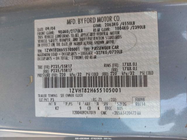 2005 FORD MUSTANG 1ZVHT82H655105001 Photo 8