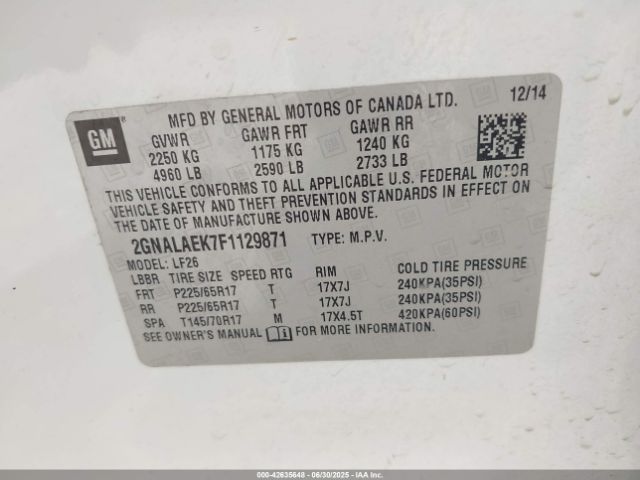 2GNALAEK7F1129871 Chevrolet lea - flex fuel (gas/alc), aluminum, ho,