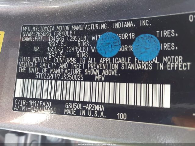 5TDZZRFH7JS250025 Toyota 2gr-fks